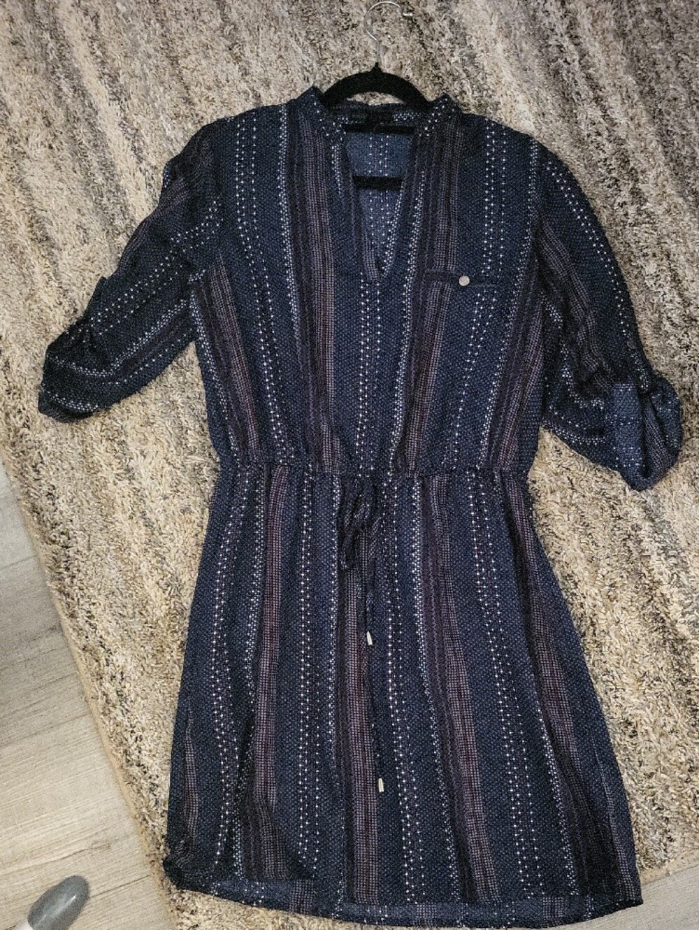 Navy Dot-Striped V-Neck Drawstring Dress